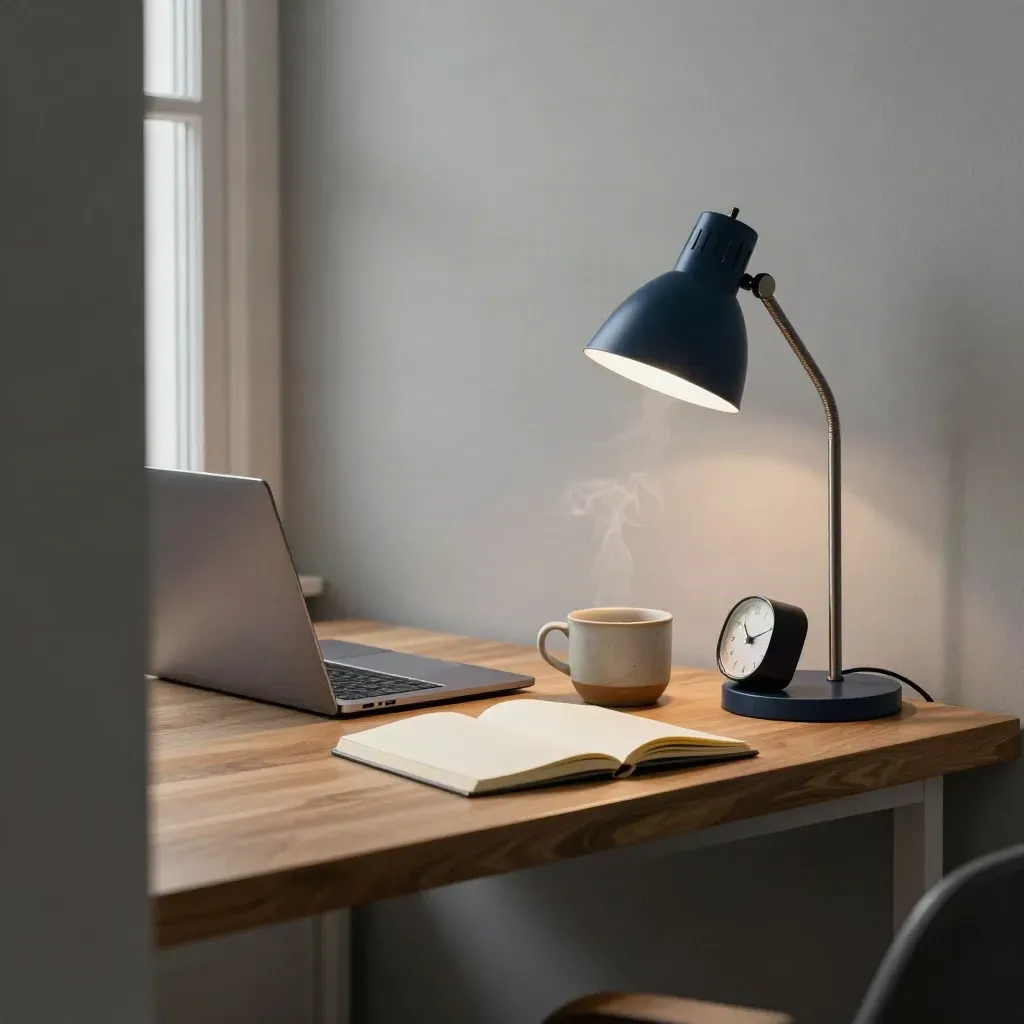 Closed laptop, notebook, steaming cup, timer, and lamp in a calm home studio nook.