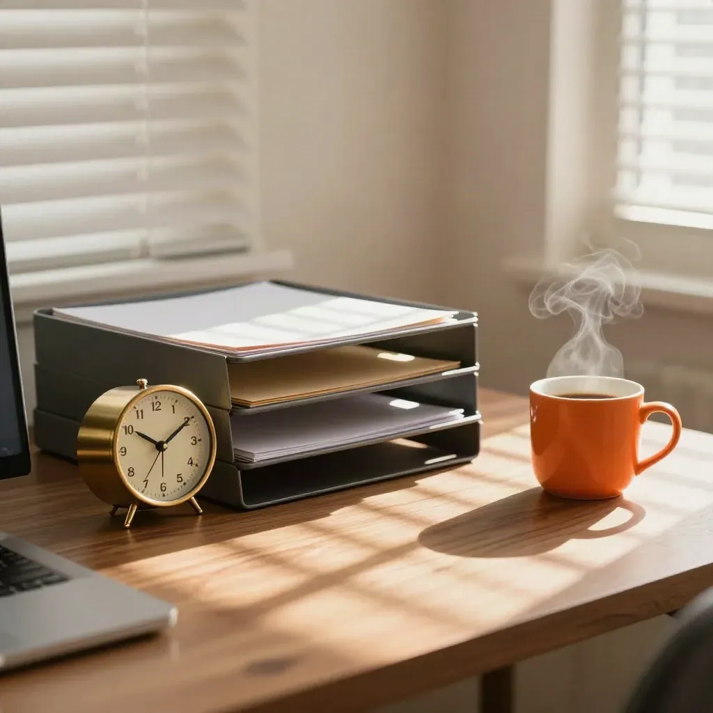 Sunlit desk with analog clock, three trays, coffee cup, and striped blinds.