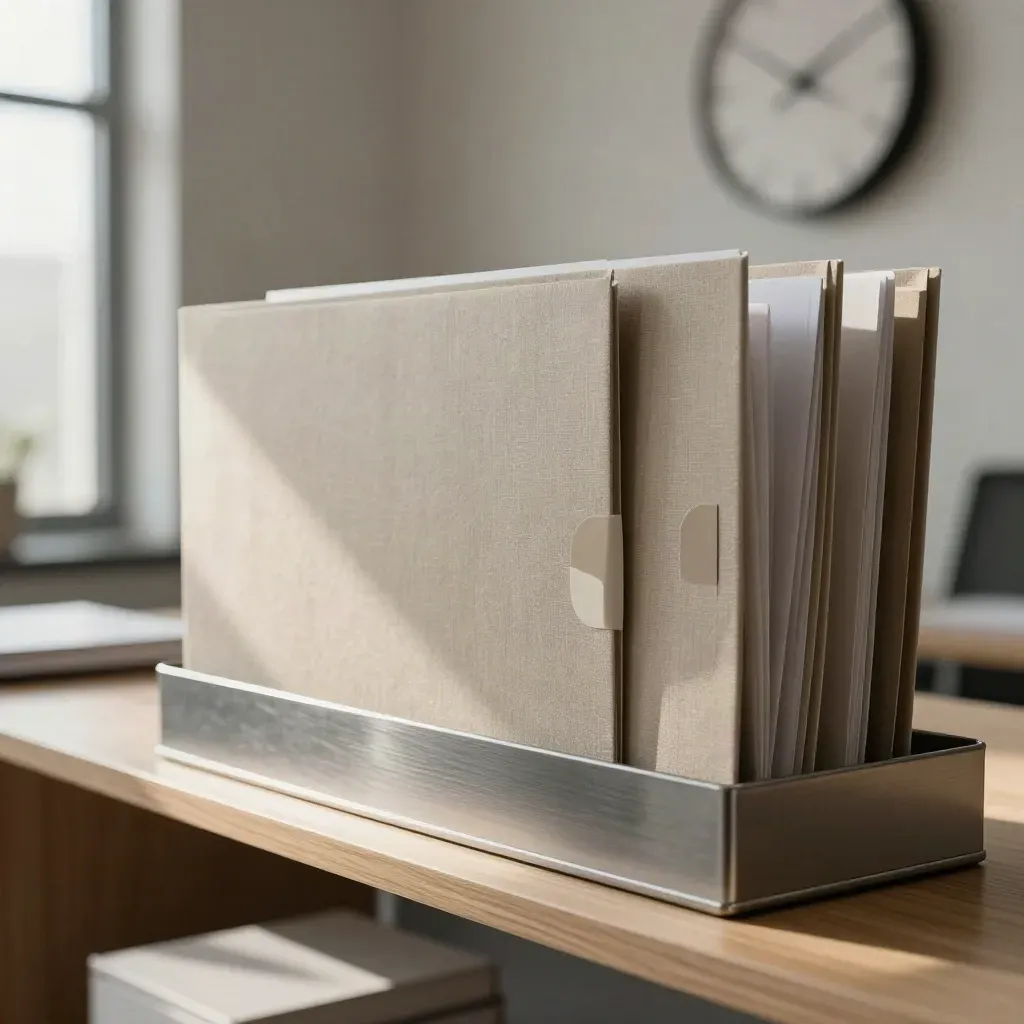 Sealed project folders in a tray beside a wall clock over a clear desktop
