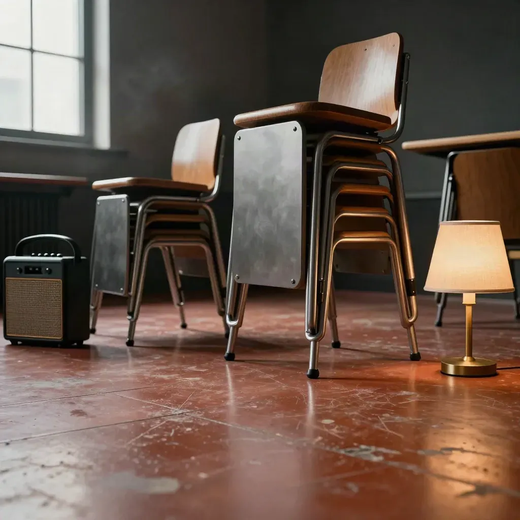 Low-angle workshop room with stools, speaker, flip panels and a lamp in warm afternoon light.