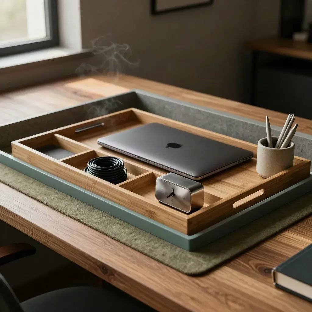 Moody modular desk setup with trays, closed laptop, timer and cable spool in dramatic light.