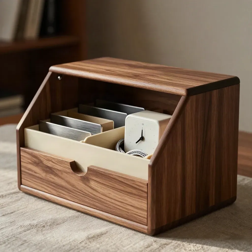 Walnut cubby with card-sort box, timer, tray inserts and cable wrap in dramatic studio light
