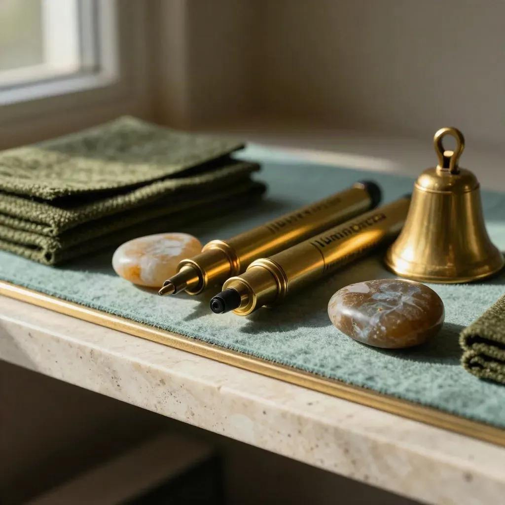 Brass markers, river stones, folded felt and a small bell on travertine in soft raking light.
