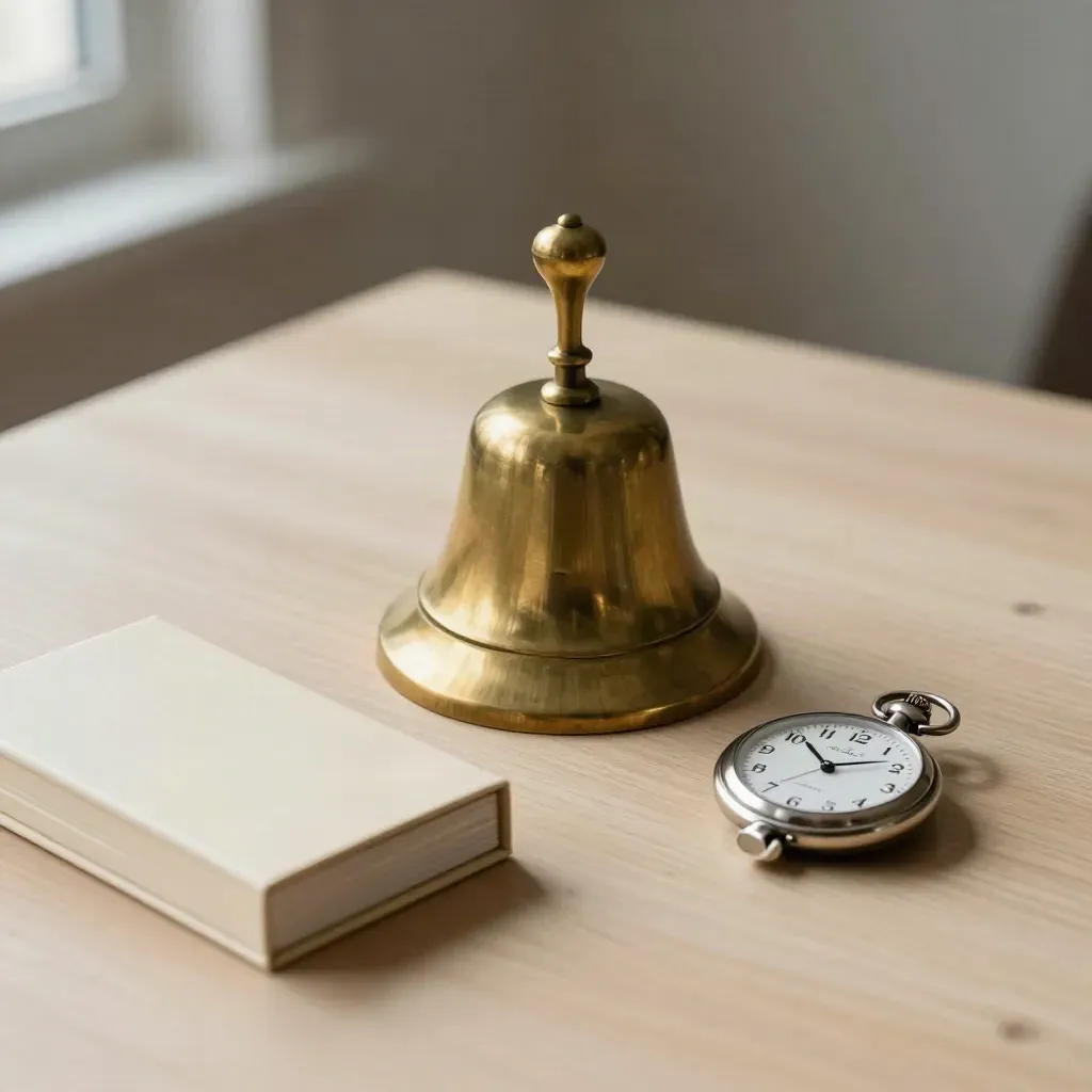 Brass desk bell, calendar card box, and pocket watch on pale wood in soft daylight.