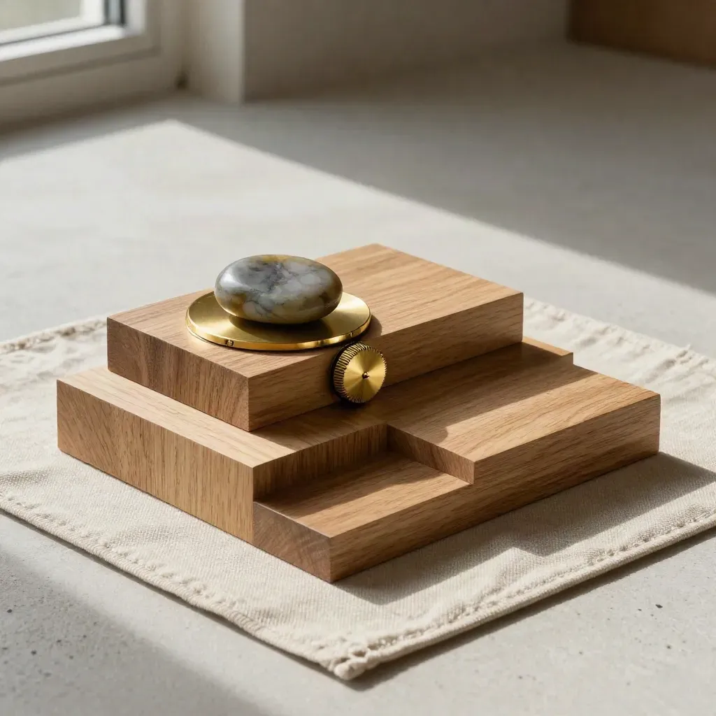 Overhead flatlay of stepped oak blocks, brass dial and polished stone on linen mat.