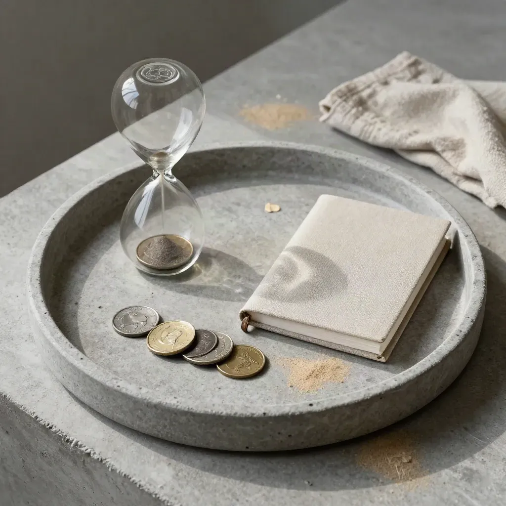 Top-down stone tray with hourglass, sorted tokens, and closed notebook