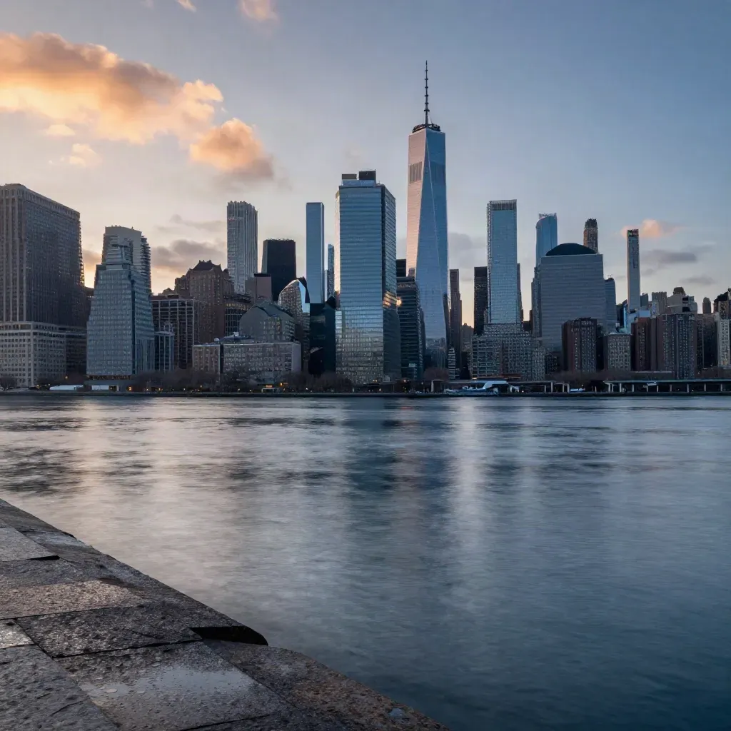 Manhattan skyline over a calm river at blue hour, wet stone, amber haze, and glass towers.