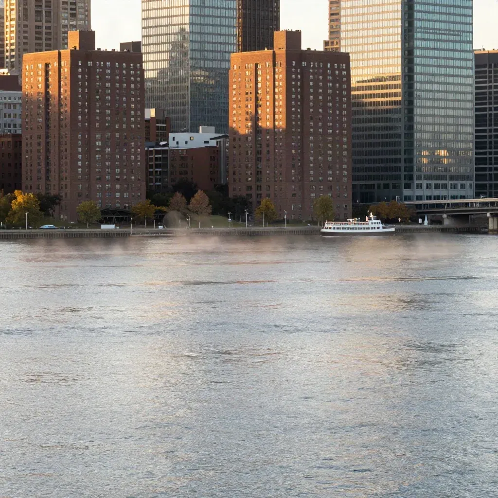 Back Bay skyline over the Charles River in golden hour mist, calm water below